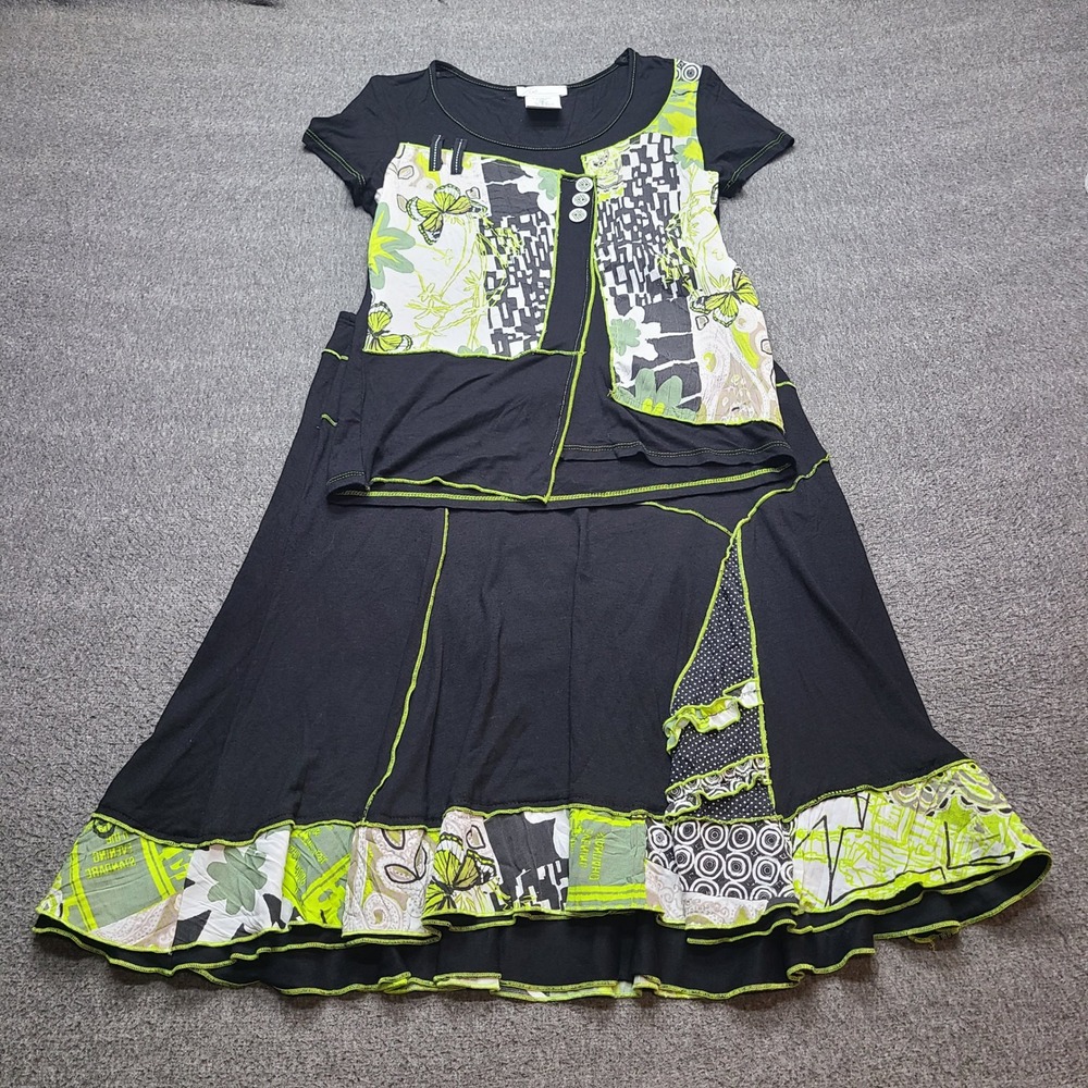 Zoe Skirt Set Womens S/L Black Green Excellent Patchwork Butterfly Art to‎ Wear